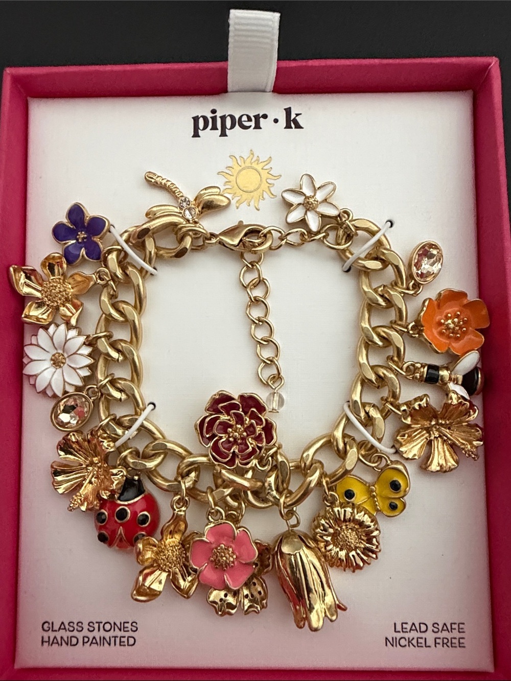 Piper K | Gold Tone Adjustable Lady Bug Bee Flower Charm Bracelet 🐞🌸🌷🦋 - Picture 12 of 12